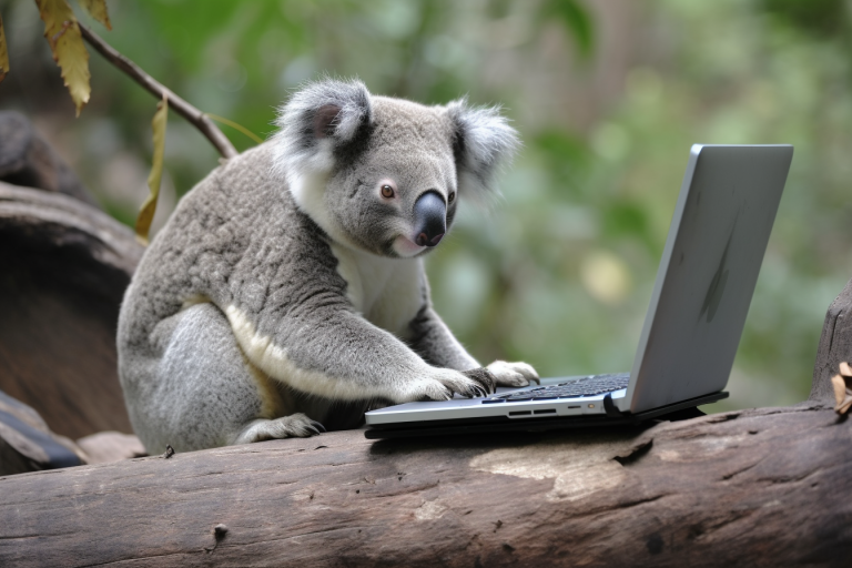 Koala typing on a laptop