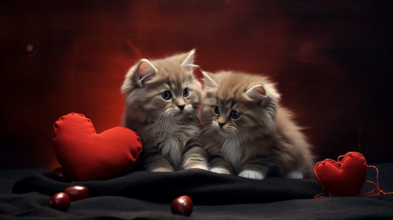 two kittens with heart shaped toy