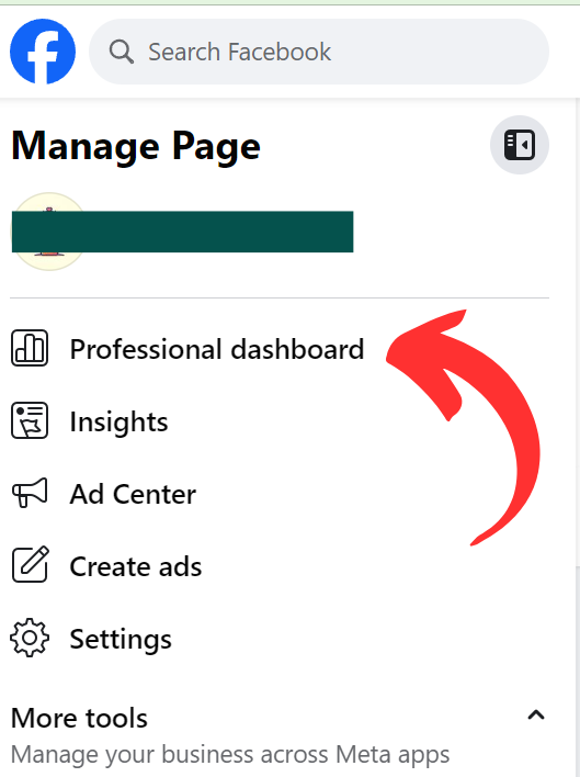 The manage page menu with arrow pointing at "professional dashboard"