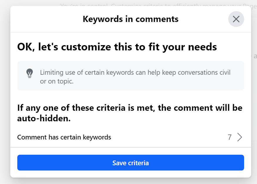 The "keyword in comments" panel