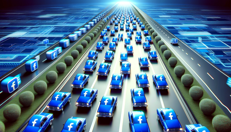 a-road-filled-with-numerous-small-blue-cars-each-car-adorned-with-a-prominent-Facebook-F-logo.